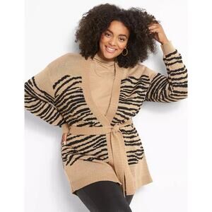 Lane Bryant Tiger Animal Print Belted Open Knit Cardigan Sweater Plus Size 18/20